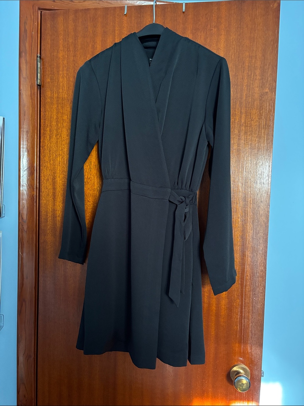 Frank and Oak Black Long-Sleeve Wrap Dress with Tie Waist